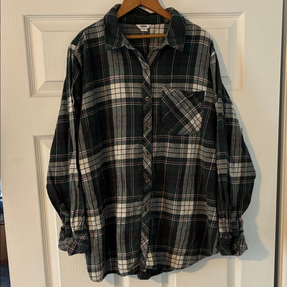 Sonoma Green White Pink Plaid Flannel Button Down Shirt Women’s Plus 2X